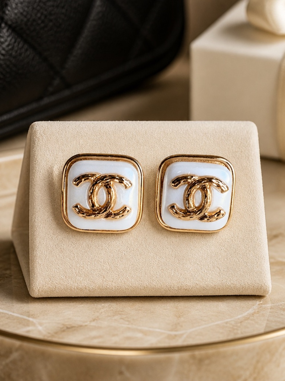 CHANEL Gold and White CC Square Earrings